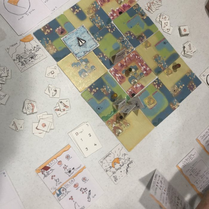 Rough! board set up with character pieces and cards